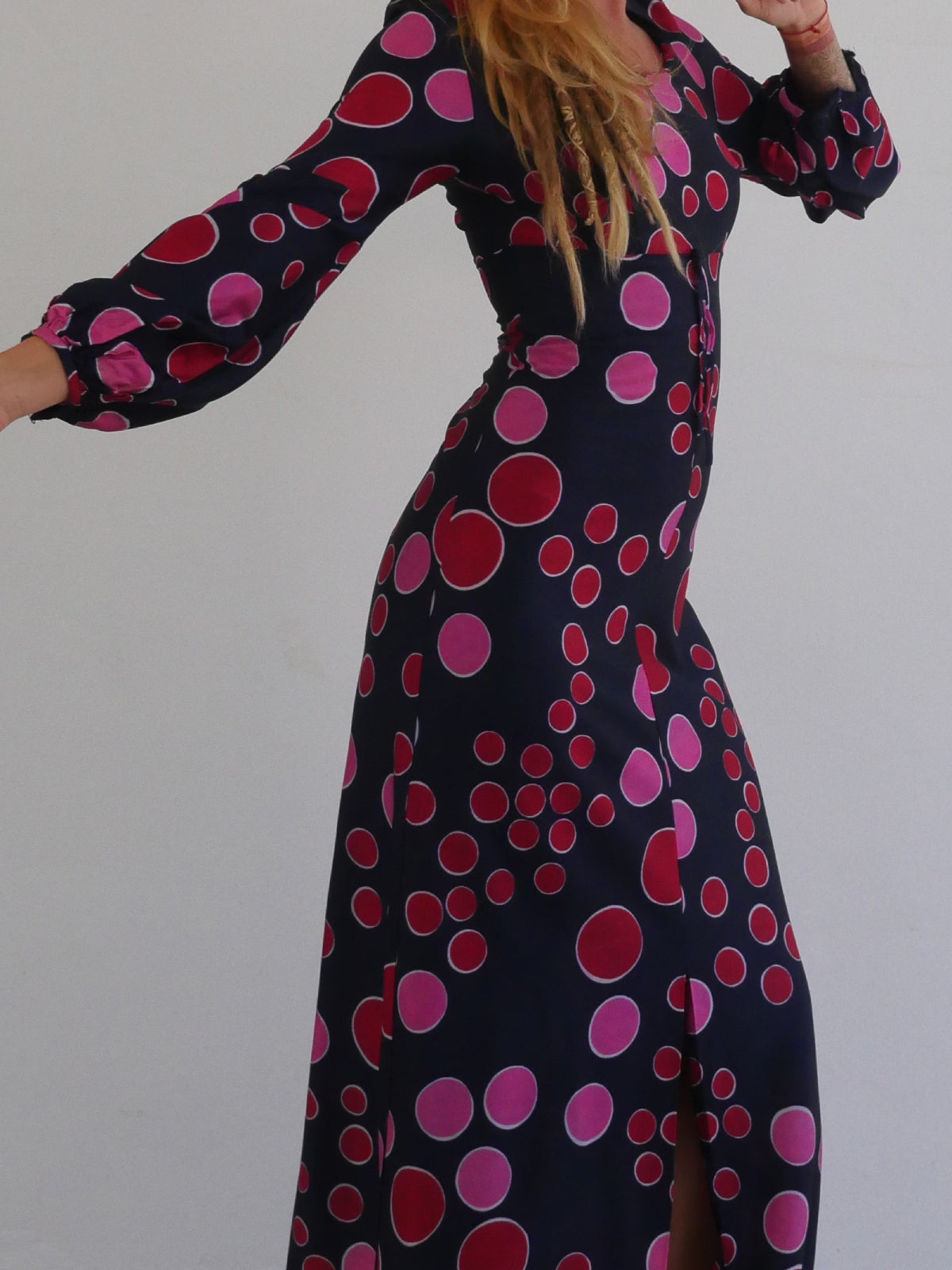 Psychedelic Vintage Long Slim Dress with Pink and Red Bubble Print