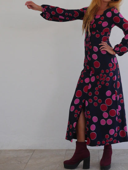 Psychedelic Vintage Long Slim Dress with Pink and Red Bubble Print