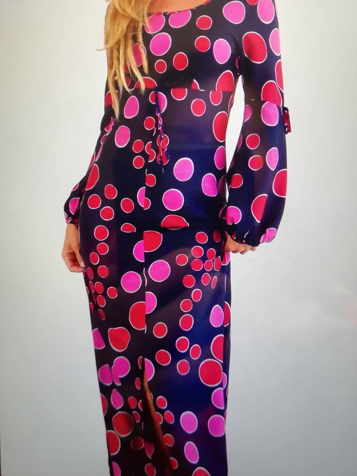 Psychedelic Vintage Long Slim Dress with Pink and Red Bubble Print