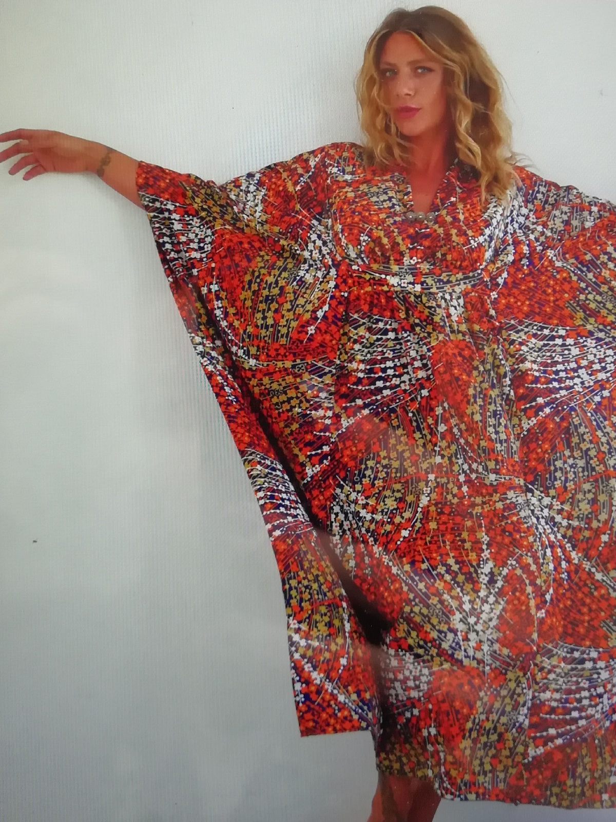 Long Vintage Summer Kaftan with Delicate Abstract Floral Print