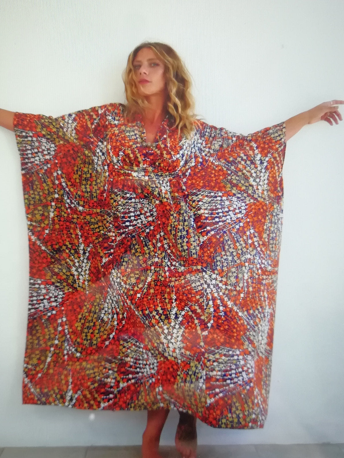 Long Vintage Summer Kaftan with Delicate Abstract Floral Print