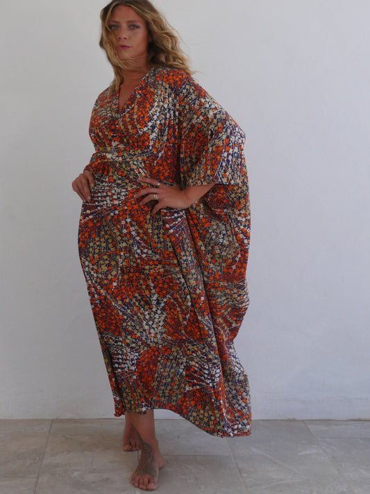 Long Vintage Summer Kaftan with Delicate Abstract Floral Print