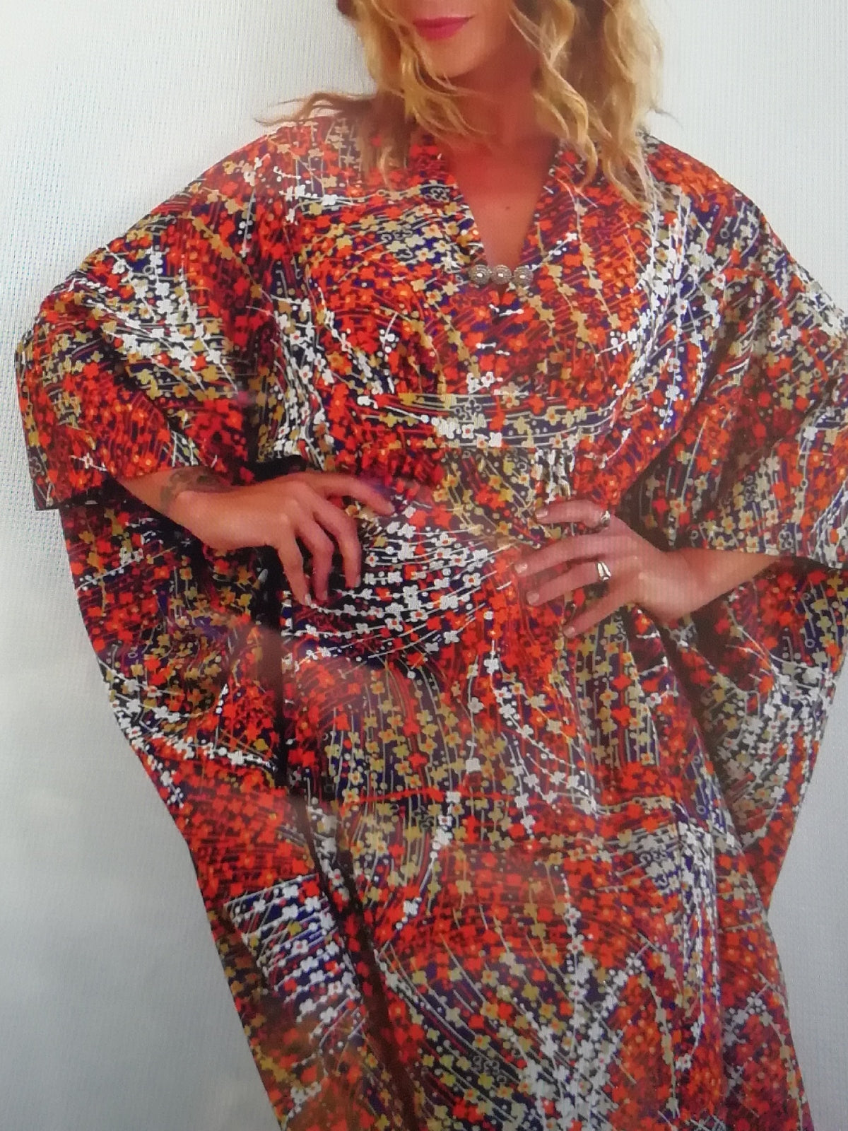 Long Vintage Summer Kaftan with Delicate Abstract Floral Print