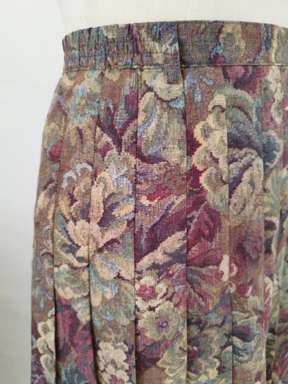 Vintage Floral Pleated Midi Skirt in Earthy Tones