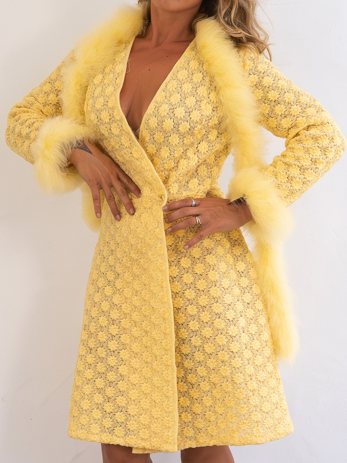 Rare Vintage Yellow Coat Dress with Real Feather Trims and Boa