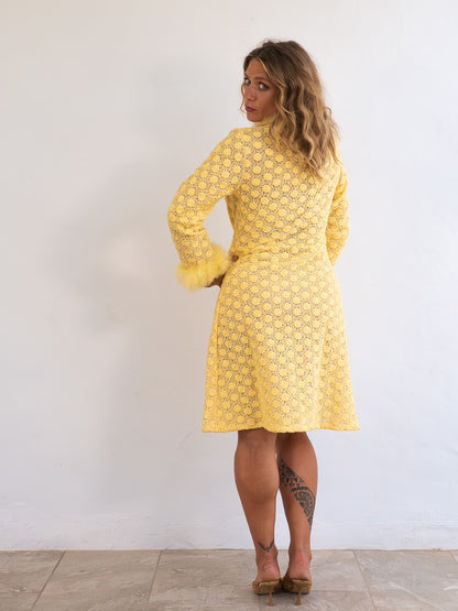 Rare Vintage Yellow Coat Dress with Real Feather Trims and Boa