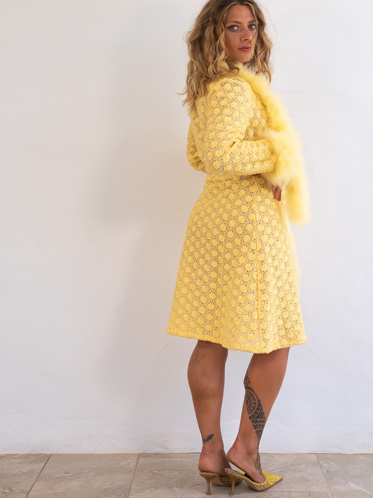 Rare Vintage Yellow Coat Dress with Real Feather Trims and Boa