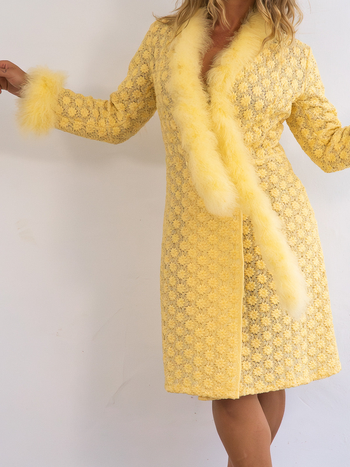 Rare Vintage Yellow Coat Dress with Real Feather Trims and Boa