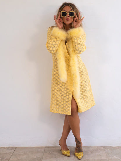 Rare Vintage Yellow Coat Dress with Real Feather Trims and Boa