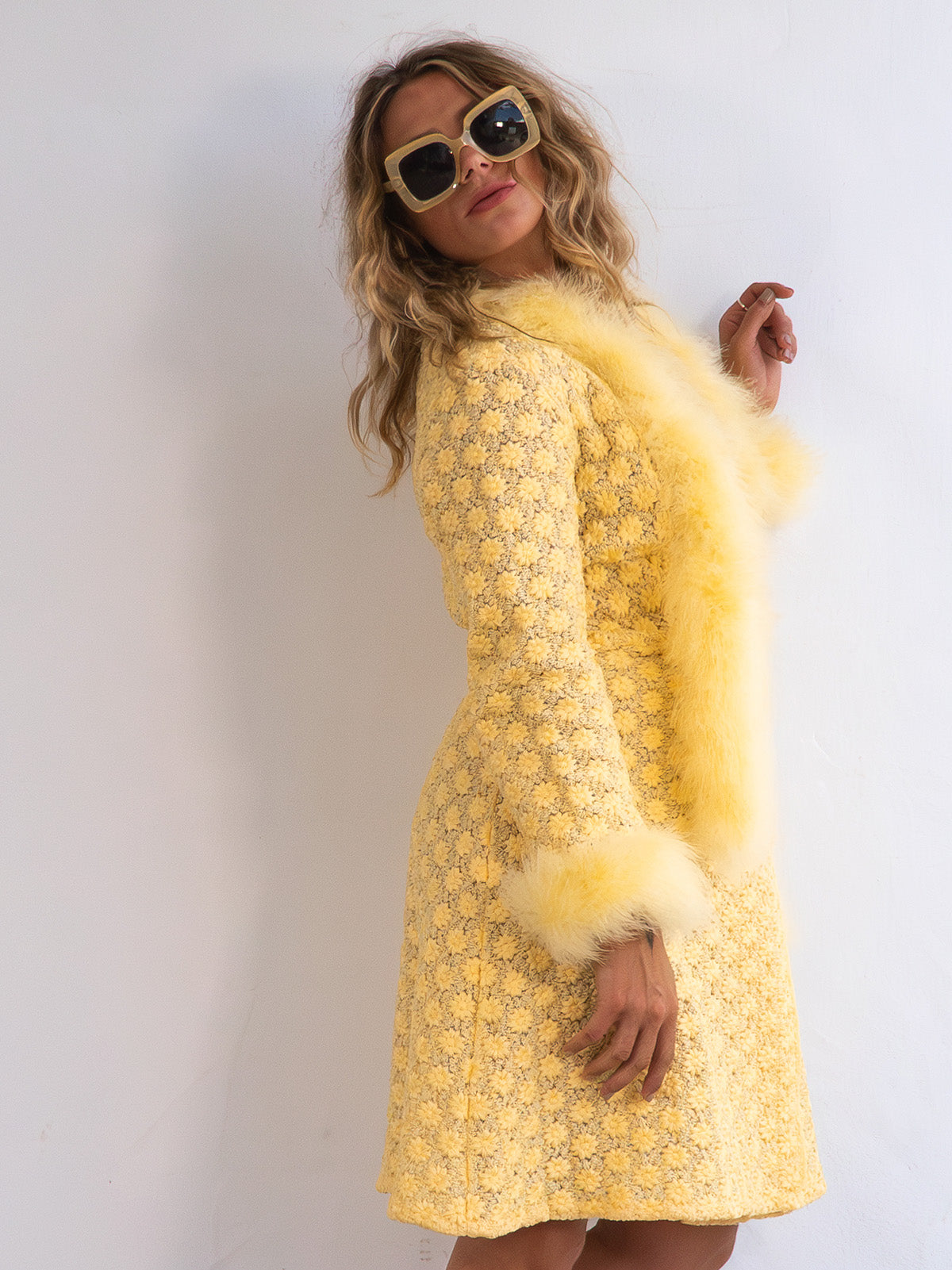 Rare Vintage Yellow Coat Dress with Real Feather Trims and Boa