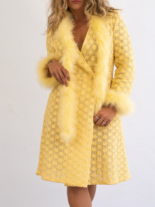 Rare Vintage Yellow Coat Dress with Real Feather Trims and Boa