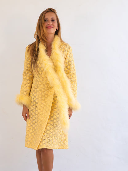 Rare Vintage Yellow Coat Dress with Real Feather Trims and Boa