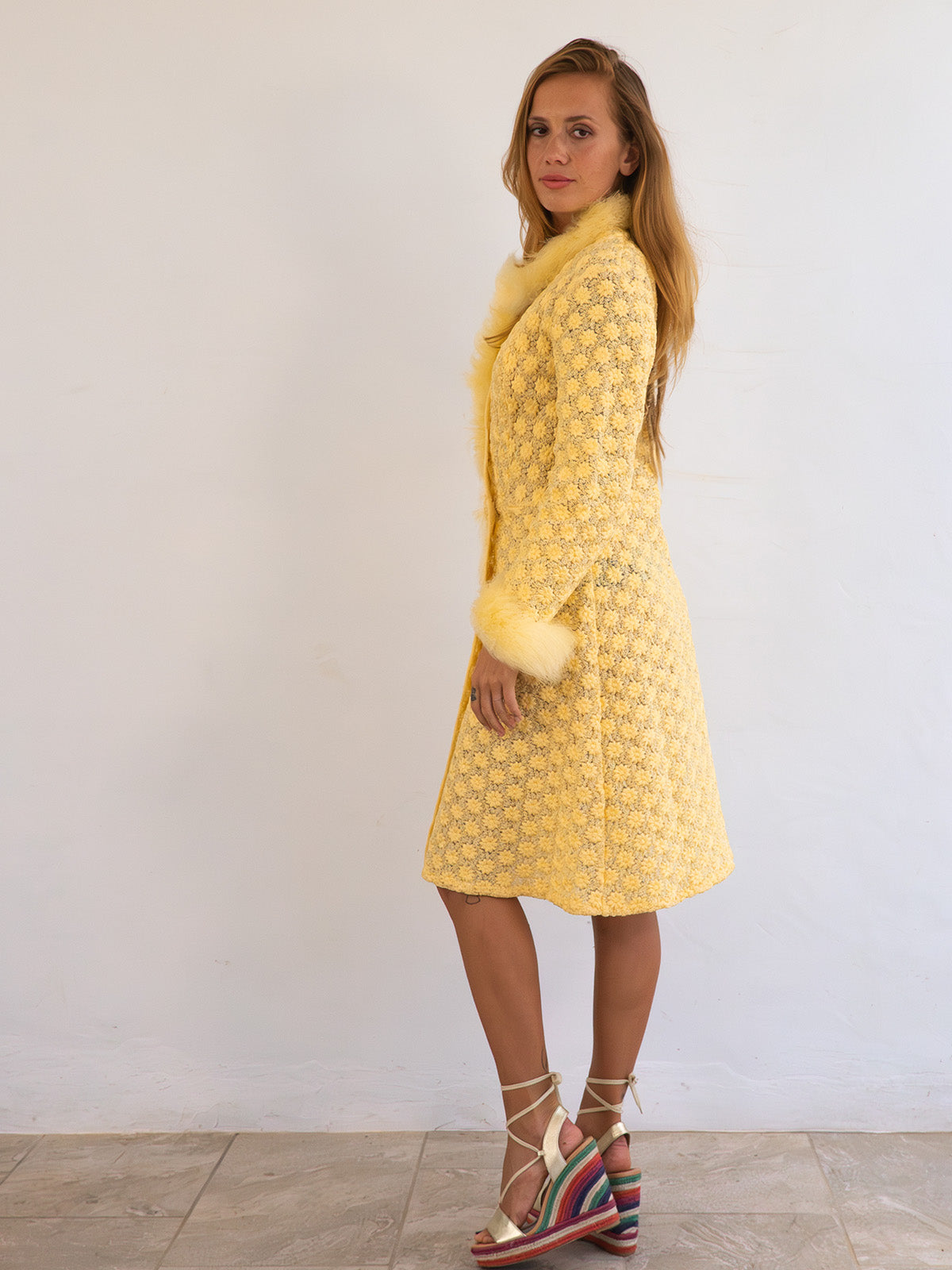 Rare Vintage Yellow Coat Dress with Real Feather Trims and Boa