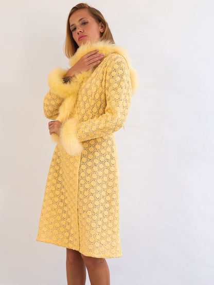 Rare Vintage Yellow Coat Dress with Real Feather Trims and Boa