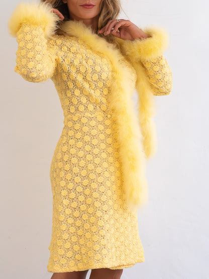 Rare Vintage Yellow Coat Dress with Real Feather Trims and Boa