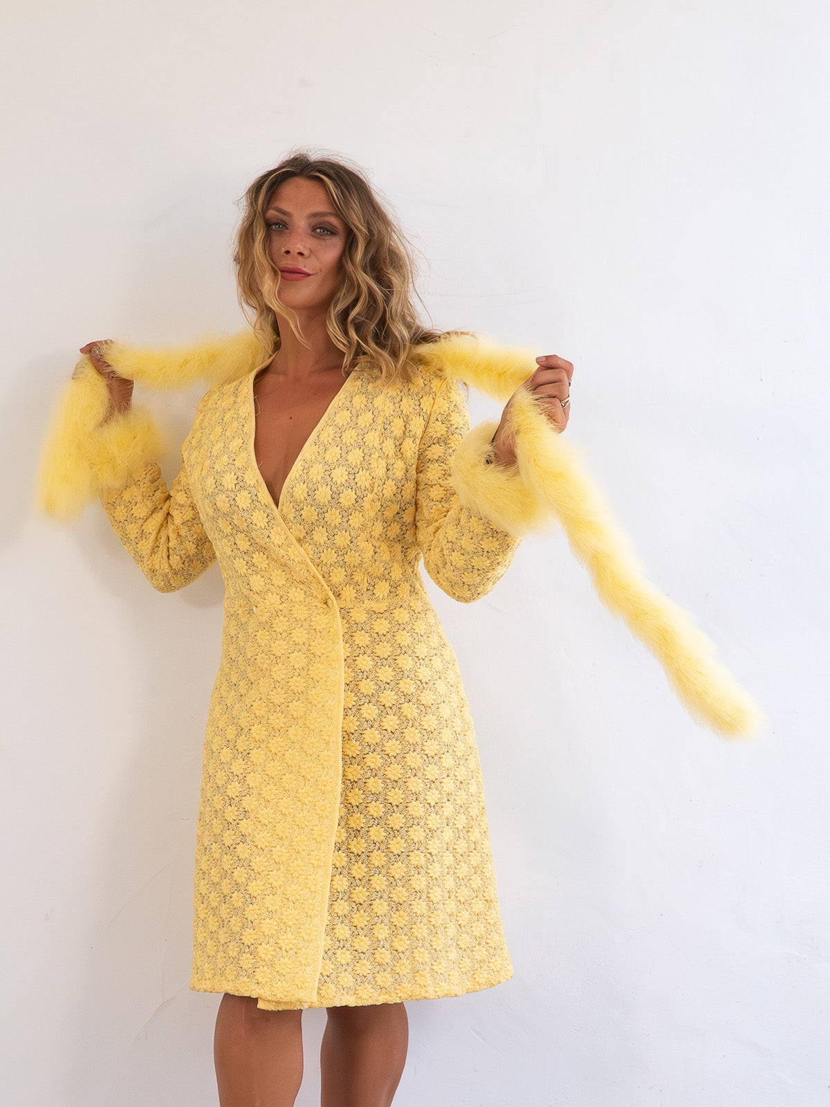 Rare Vintage Yellow Coat Dress with Real Feather Trims and Boa