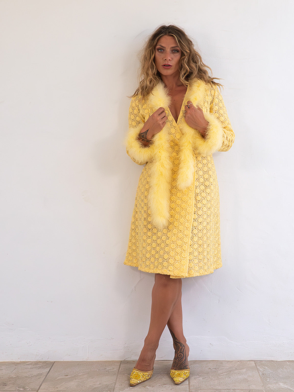 Rare Vintage Yellow Coat Dress with Real Feather Trims and Boa