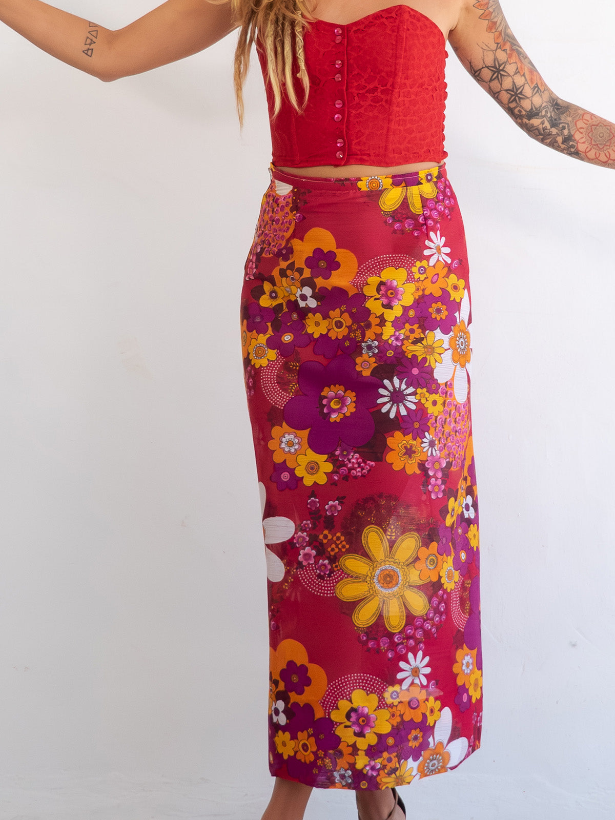 Bright Flower Power Midi Vintage Skirt