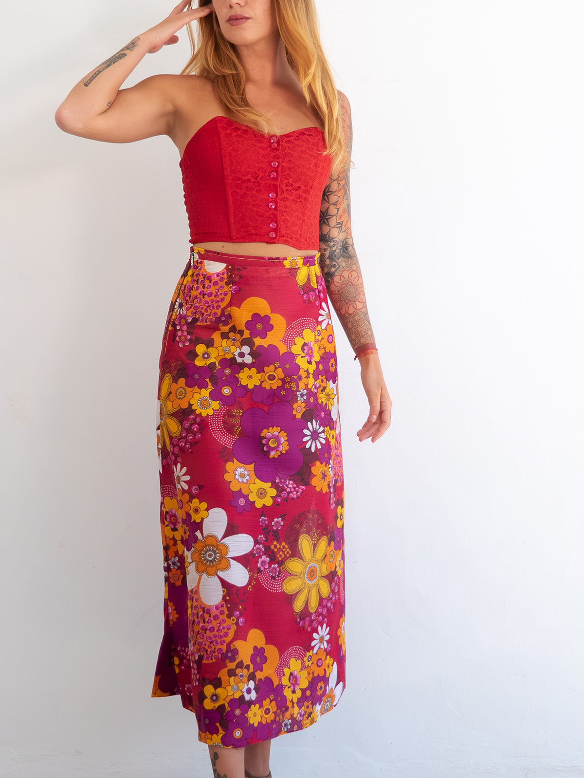 Bright Flower Power Midi Vintage Skirt