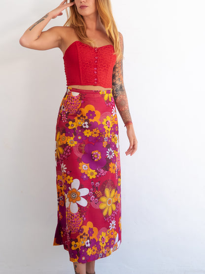 Bright Flower Power Midi Vintage Skirt