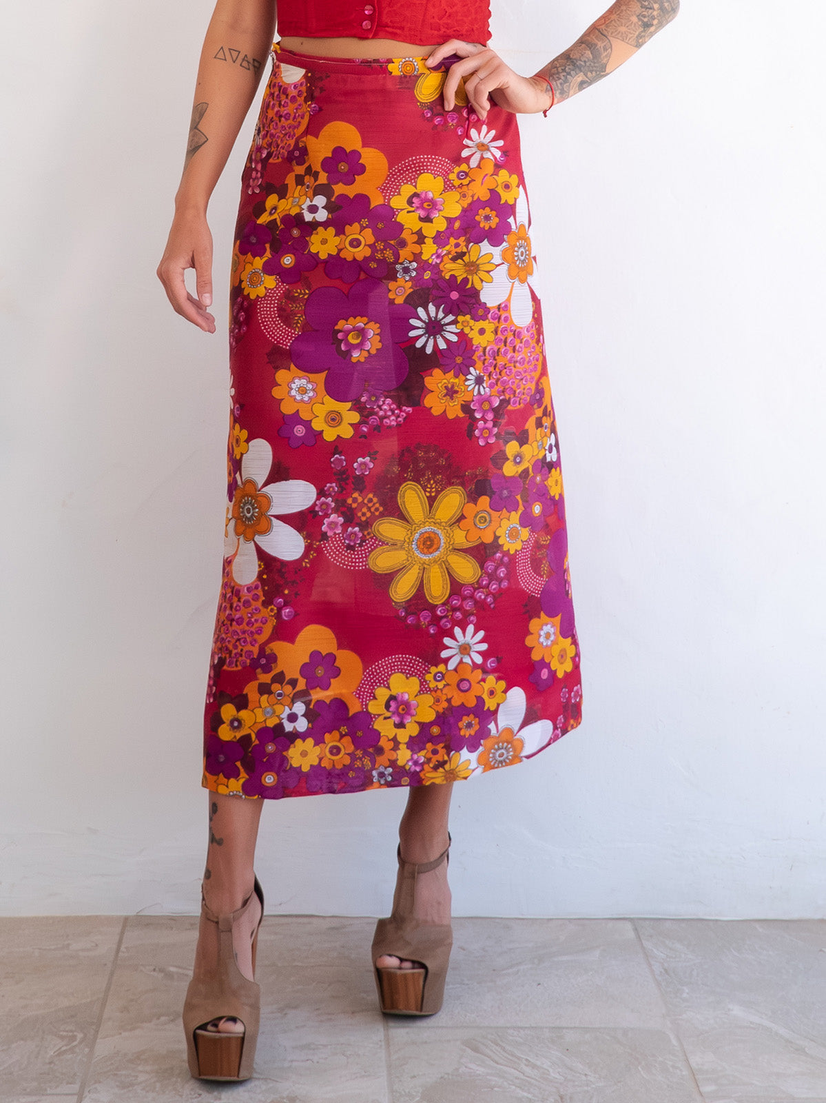 Bright Flower Power Midi Vintage Skirt