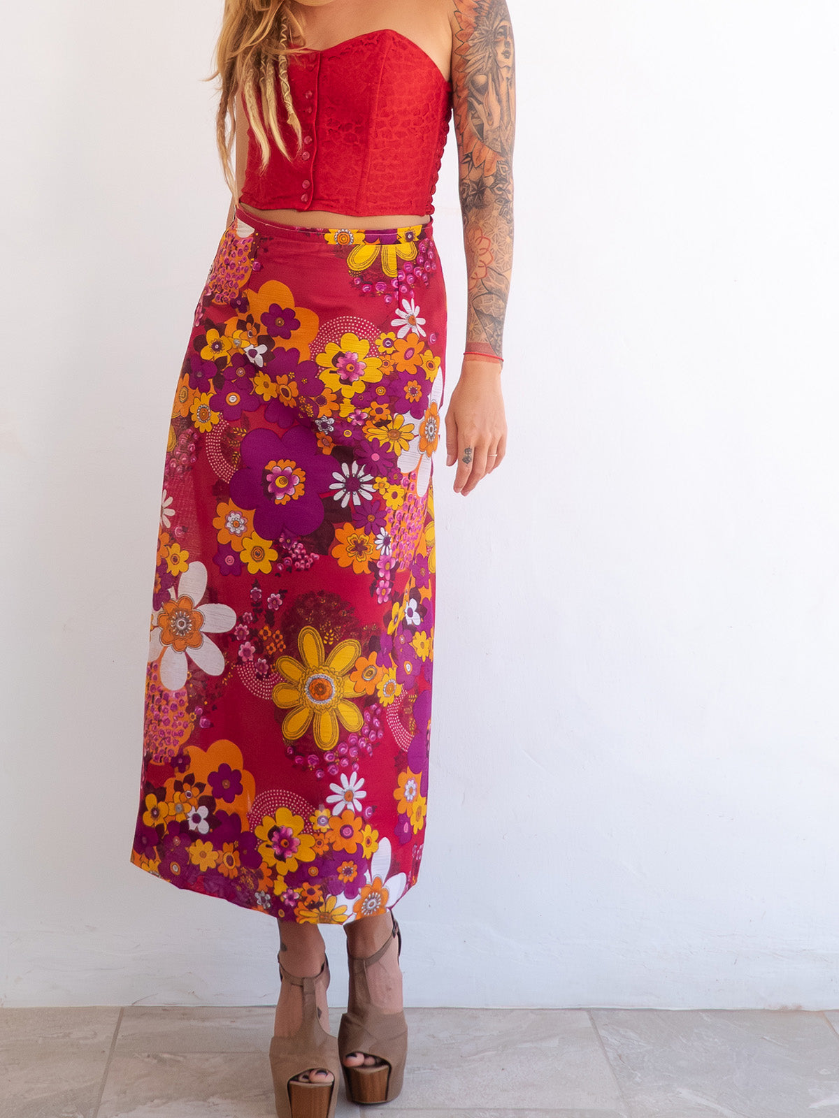 Bright Flower Power Midi Vintage Skirt