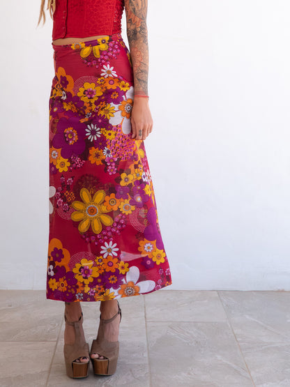 Bright Flower Power Midi Vintage Skirt