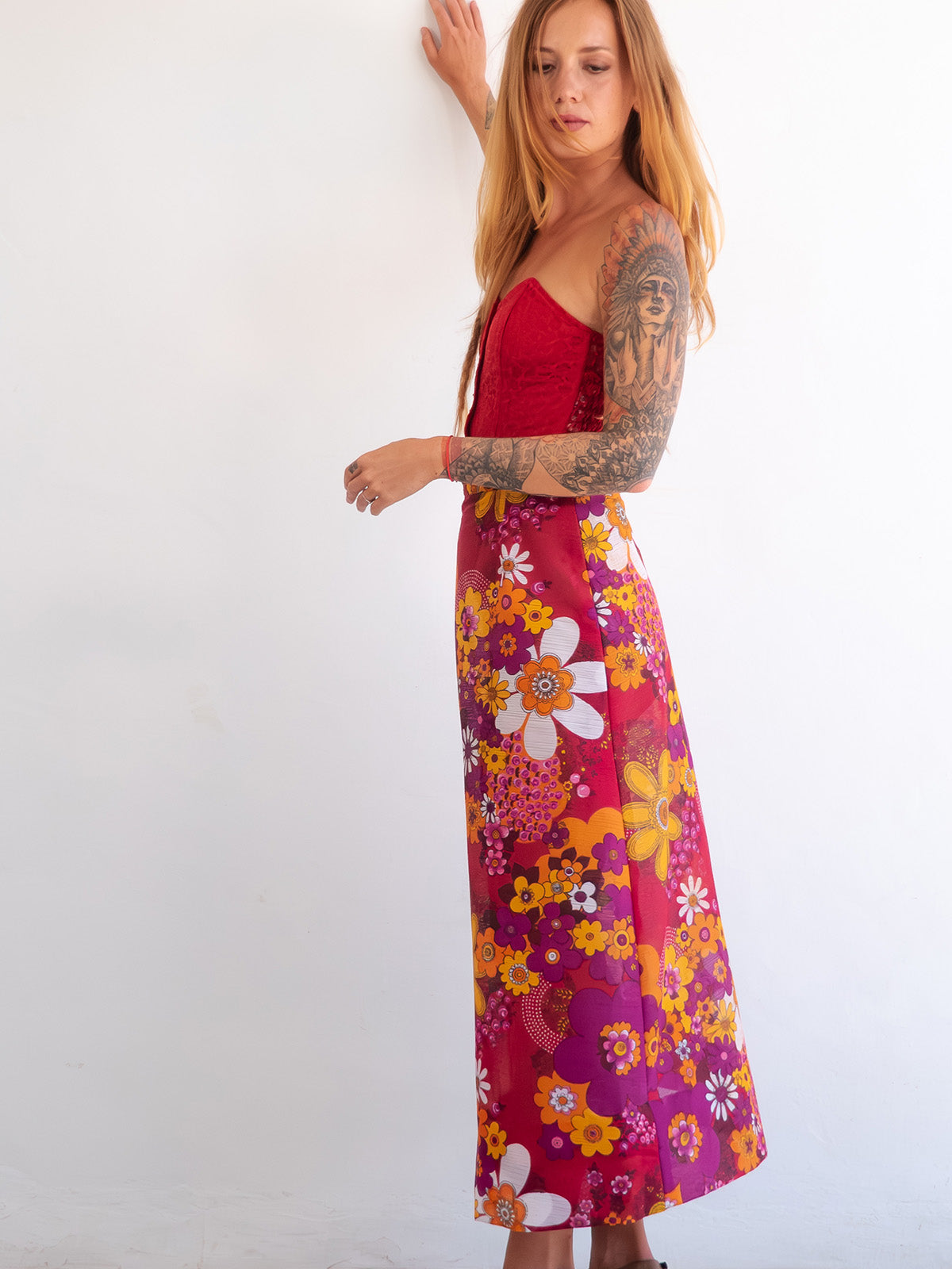 Bright Flower Power Midi Vintage Skirt