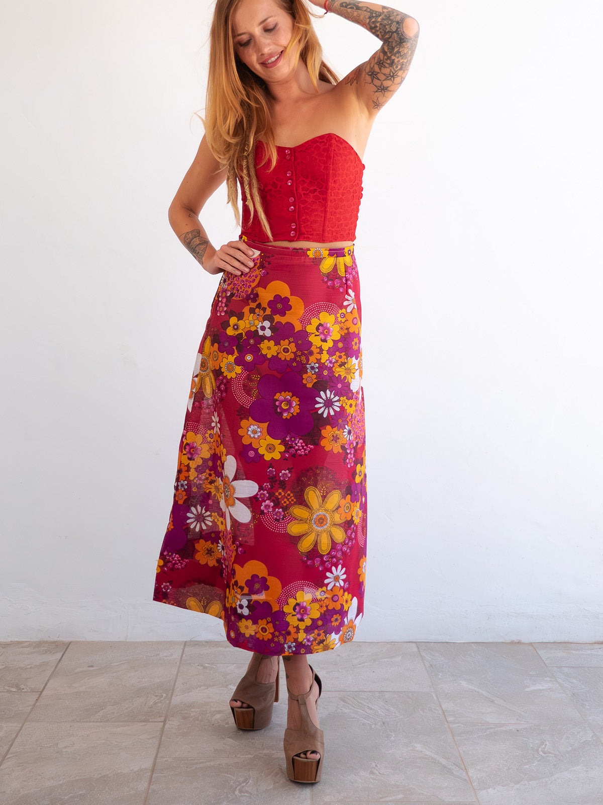 Bright Flower Power Midi Vintage Skirt