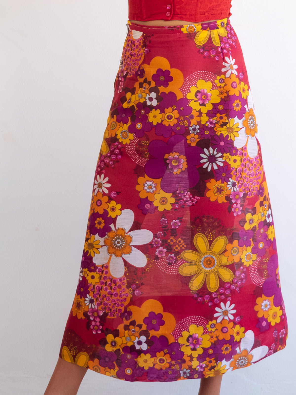 Bright Flower Power Midi Vintage Skirt