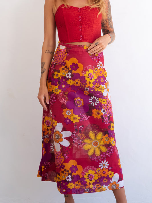 Bright Flower Power Midi Vintage Skirt