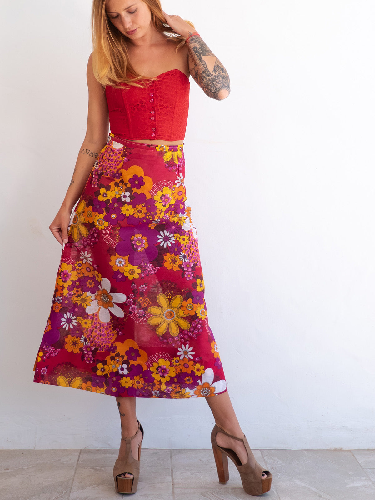 Bright Flower Power Midi Vintage Skirt