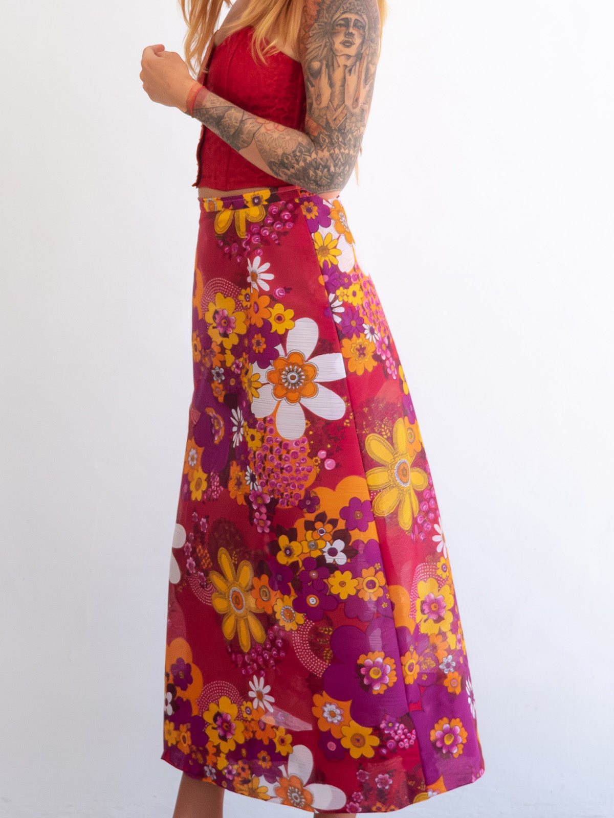 Bright Flower Power Midi Vintage Skirt