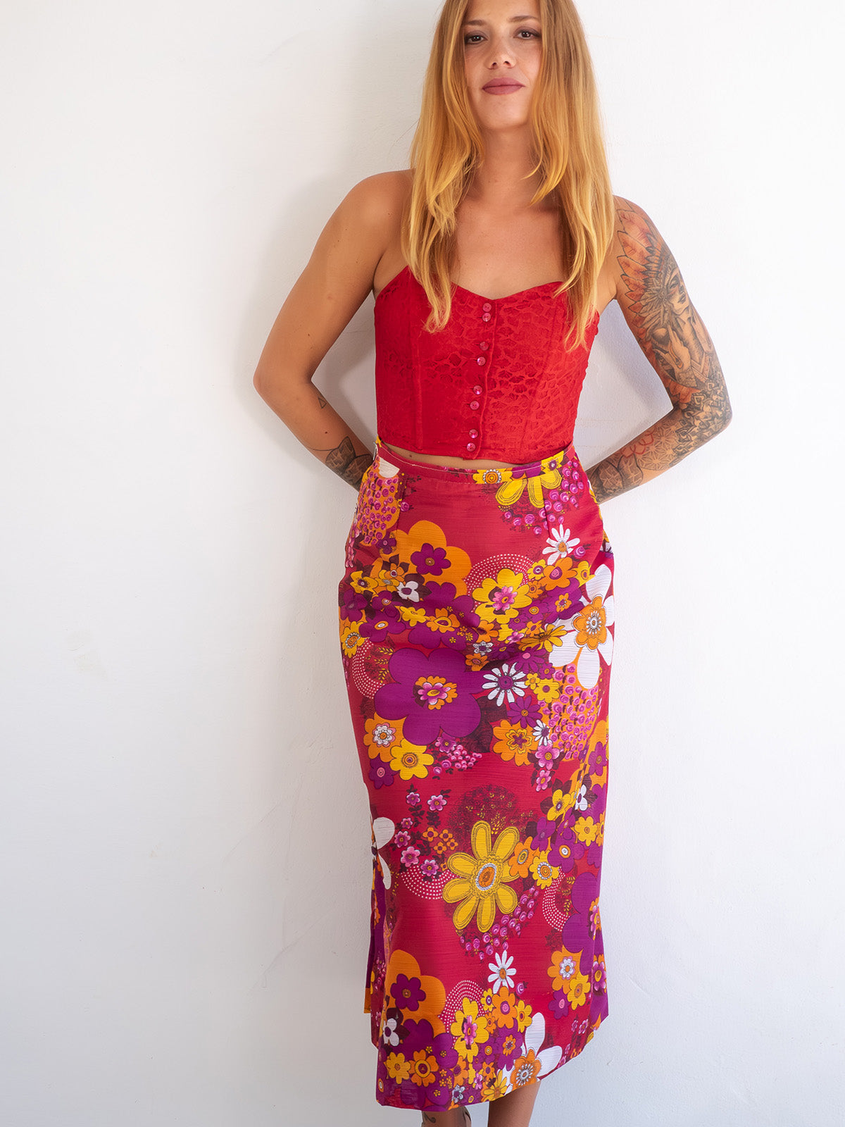 Bright Flower Power Midi Vintage Skirt