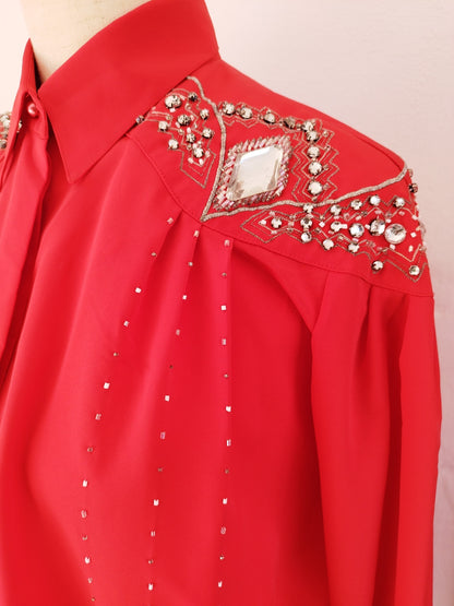 Bright Red Blouse with Silver Embellishments and Beads