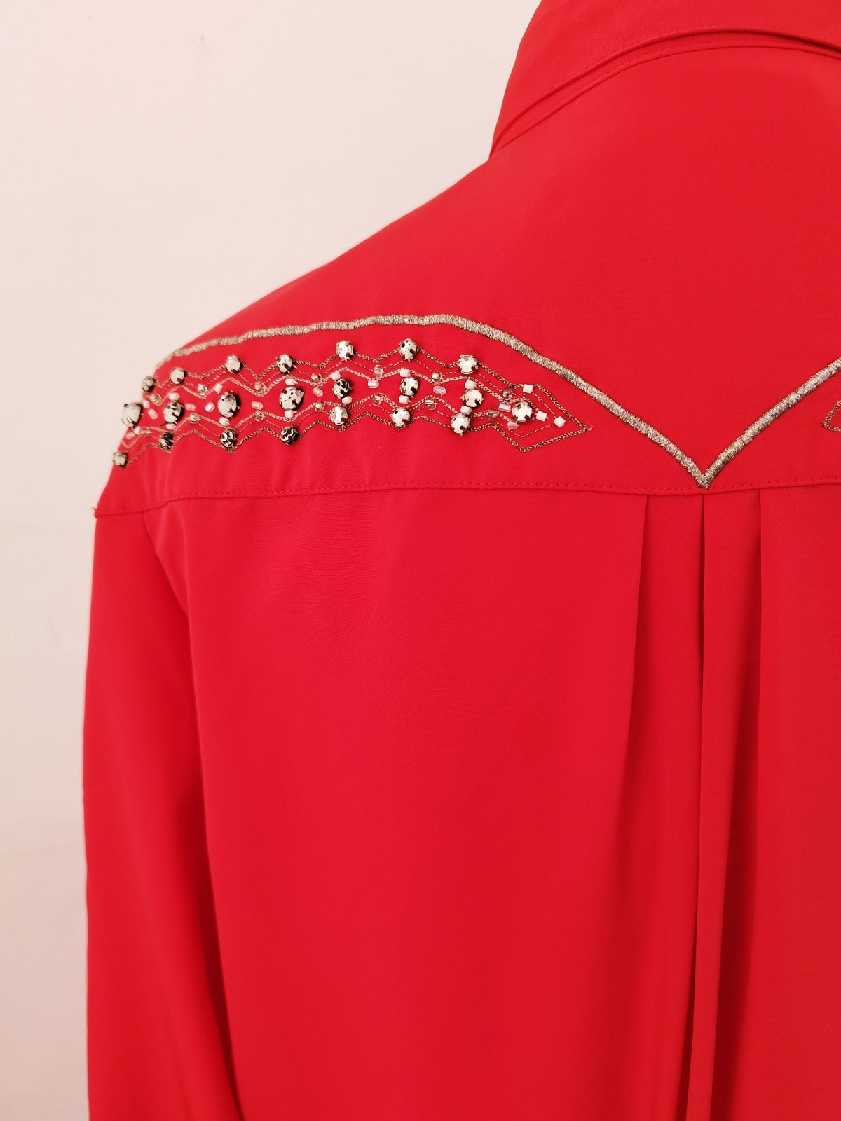 Bright Red Blouse with Silver Embellishments and Beads