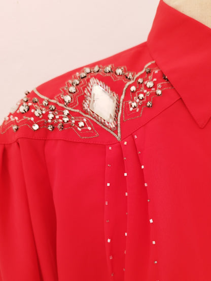 Bright Red Blouse with Silver Embellishments and Beads