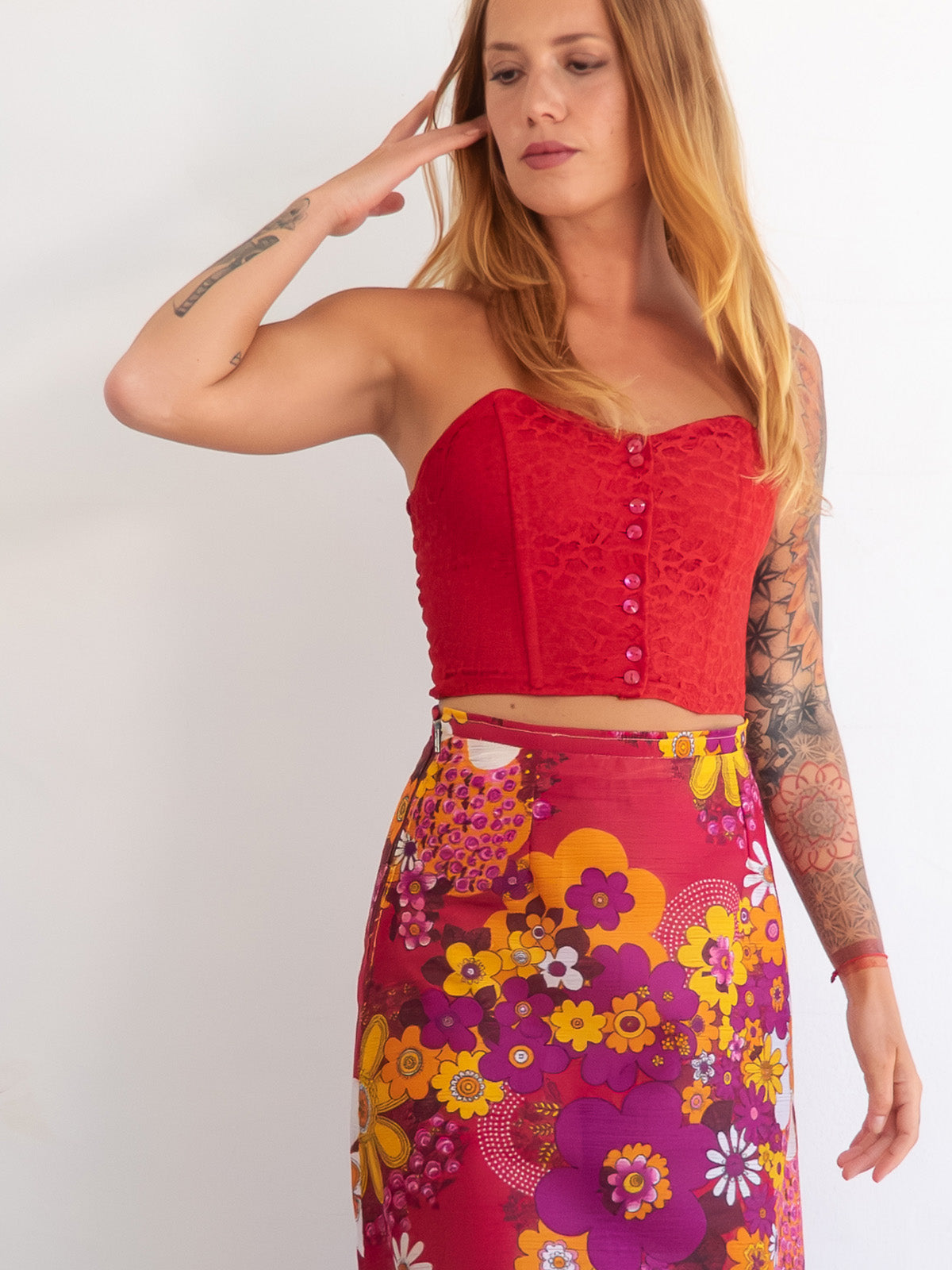 Red Hot Vintage Lace Button Up Corset