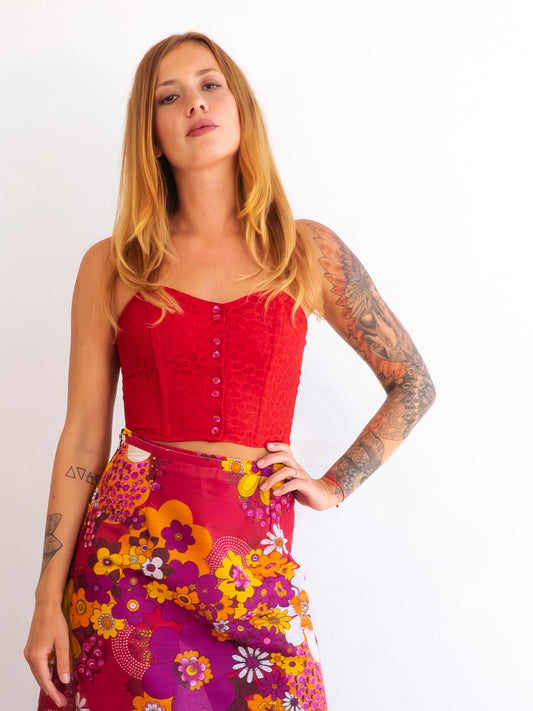 Red Hot Vintage Lace Button Up Corset