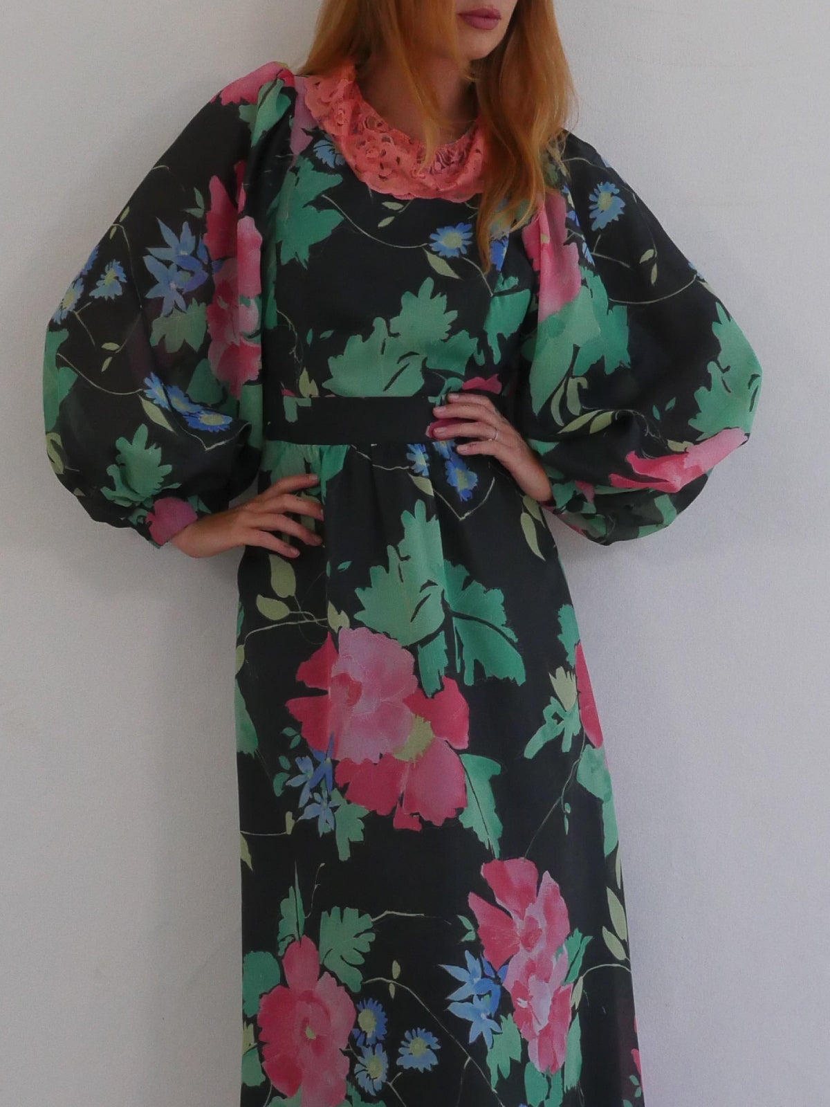 Vera Mont 70s Vintage Dress with Floral Print and Voluminous Bishop Sleeves