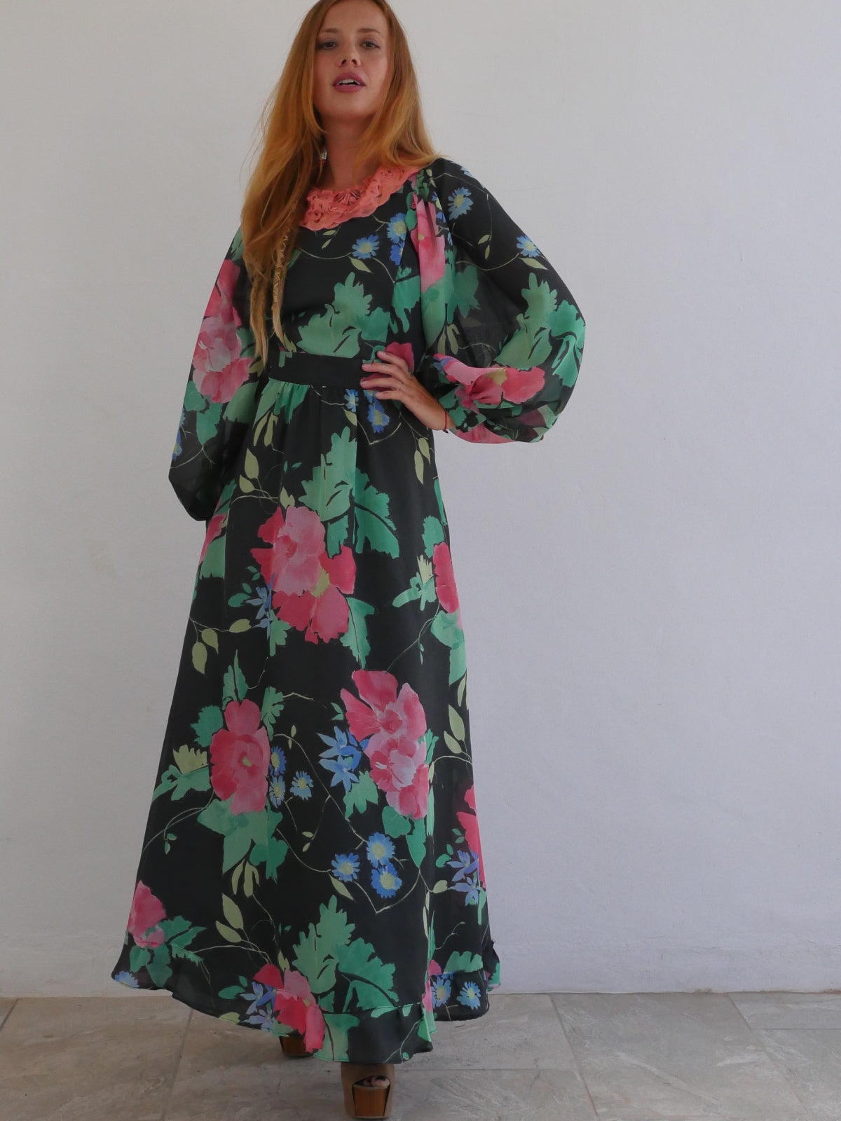 Vera Mont 70s Vintage Dress with Floral Print and Voluminous Bishop Sleeves