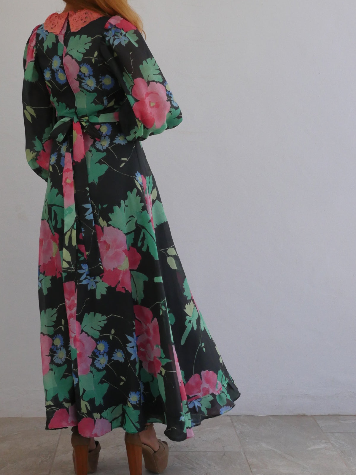 Vera Mont 70s Vintage Dress with Floral Print and Voluminous Bishop Sleeves