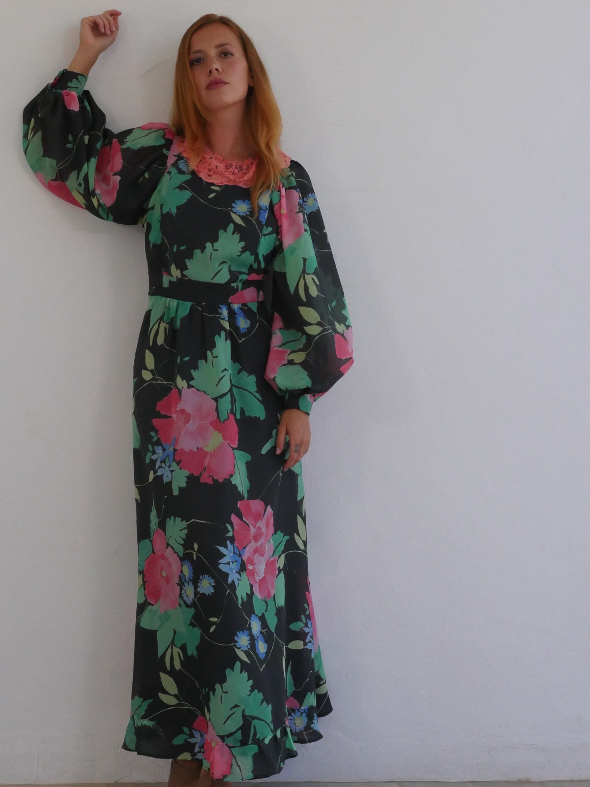 Vera Mont 70s Vintage Dress with Floral Print and Voluminous Bishop Sleeves