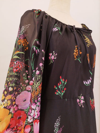 70s Vintage Black Maxi Floral Dress