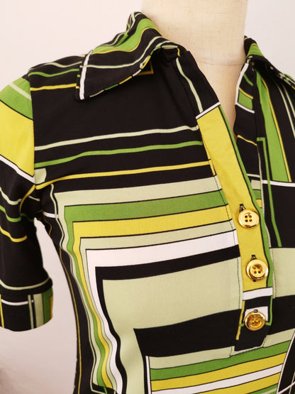 Mini Dress with Black Green and Yellow Geometrical Print