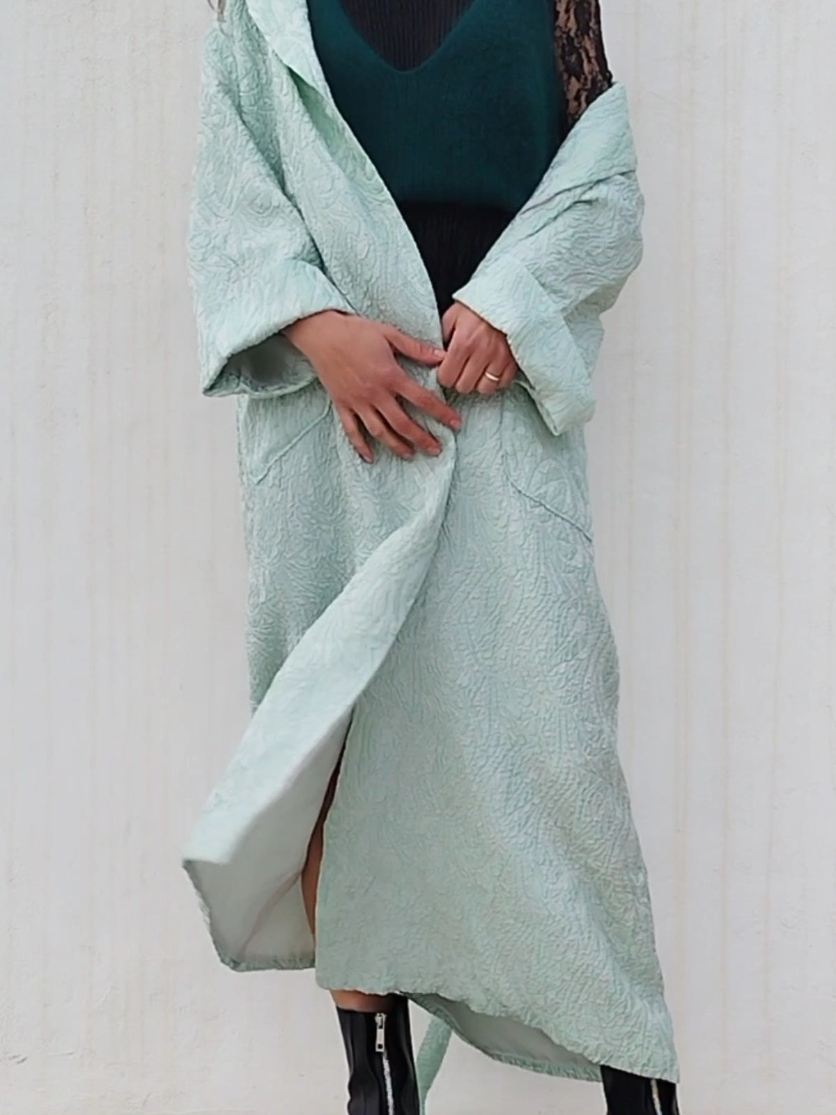 Light Mint Green Luxurious Vintage Home Robe in Textured Material