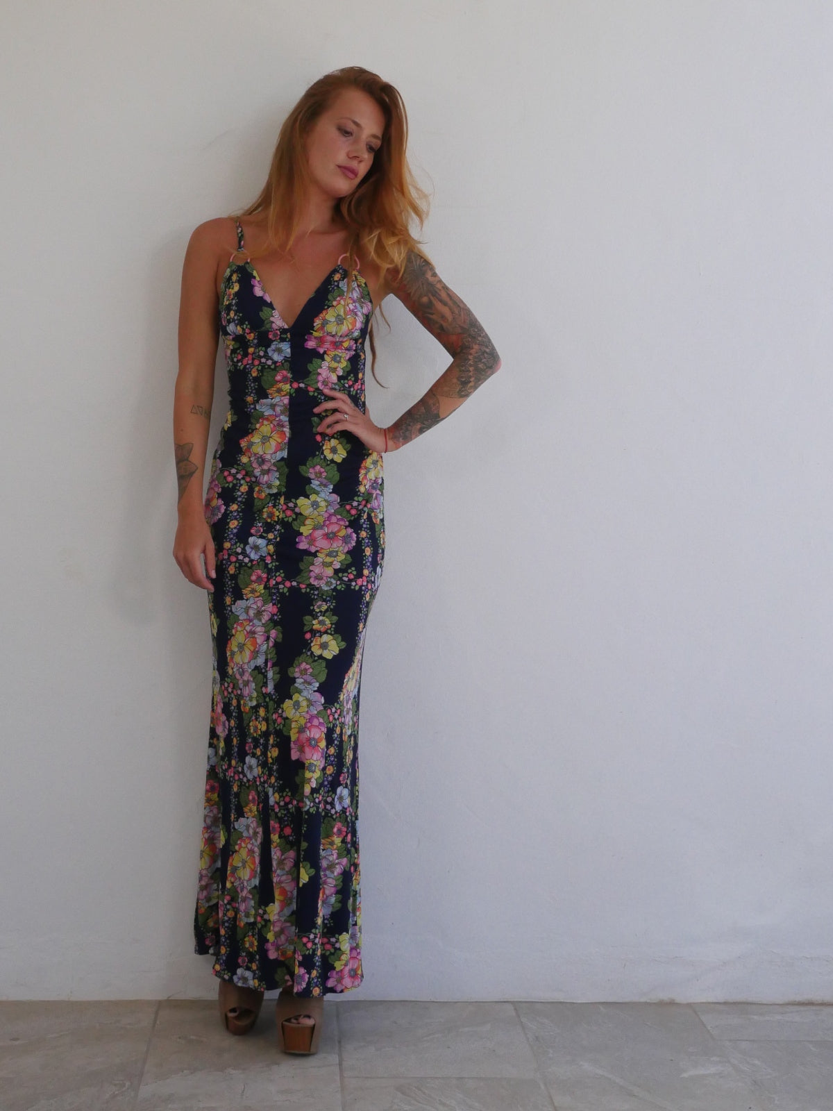 Full Length Fitted Floral Dress with Straps