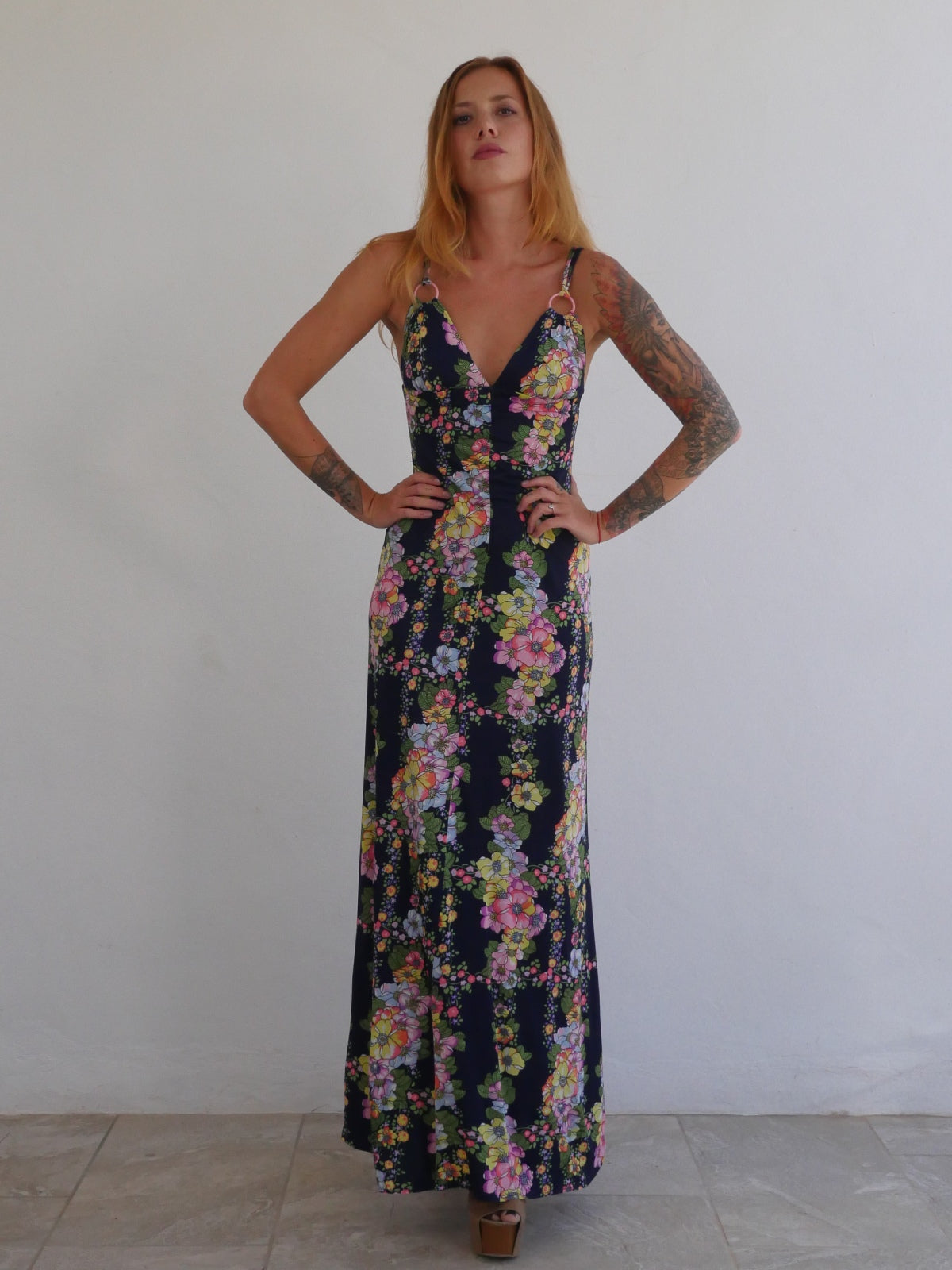 Full Length Fitted Floral Dress with Straps