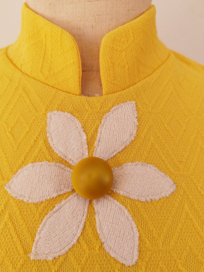 Bright Yellow Mini Vintage Dress with White Flowers and Decorative Buttons