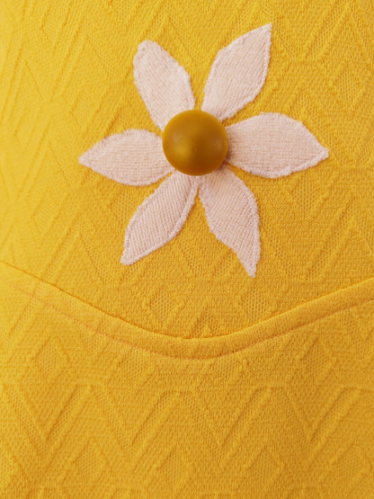 Bright Yellow Mini Vintage Dress with White Flowers and Decorative Buttons